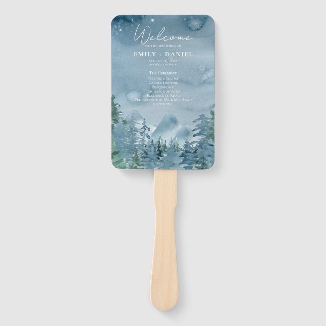 Rustic Dark Dusk Blue Mountains 🏔️Wedding Program Hand Fan (Front)