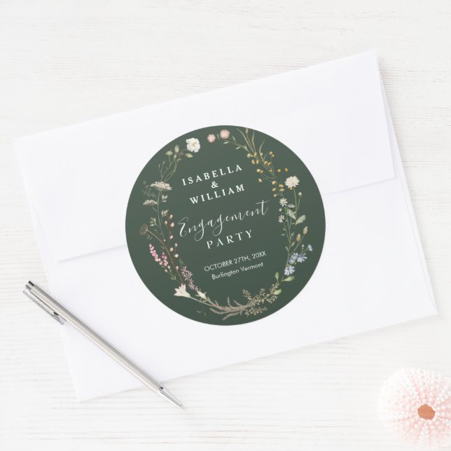 Rustic Dark Green Boho Wildflower Engagement Party Classic Round Sticker (Envelope)
