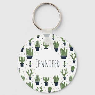 Rustic Dark Green Cactus Desert Pattern Key Ring