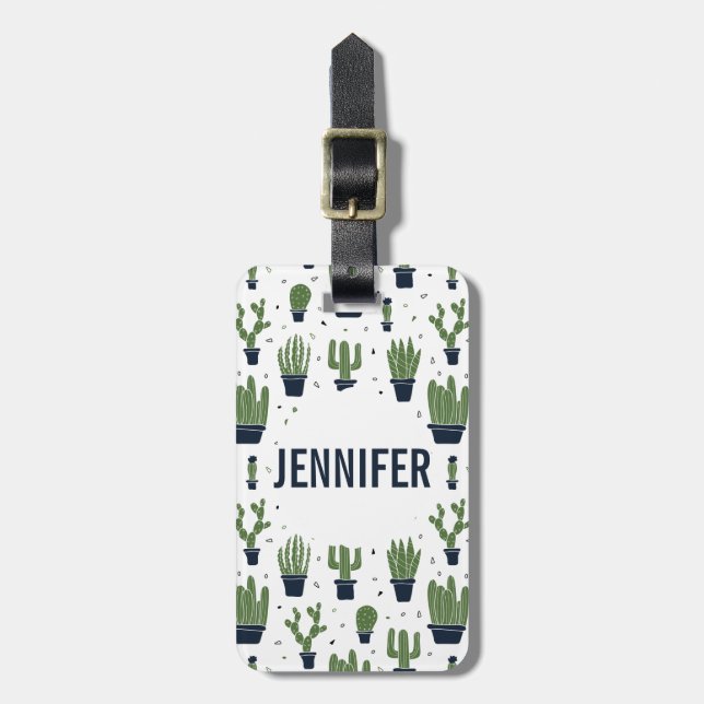Rustic Dark Green Cactus Desert Pattern Luggage Tag (Front Vertical)