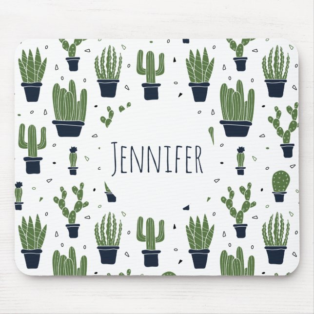 Rustic Dark Green Cactus Desert Pattern Mouse Mat (Front)