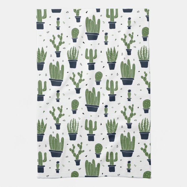Rustic Dark Green Cactus Desert Pattern Tea Towel (Vertical)