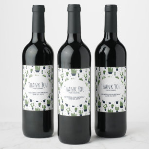 Rustic Dark Green Cactus Desert Pattern Thank You Wine Label
