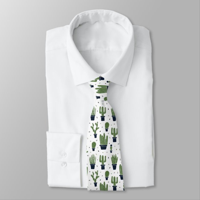 Rustic Dark Green Cactus Desert Pattern Tie (Tied)