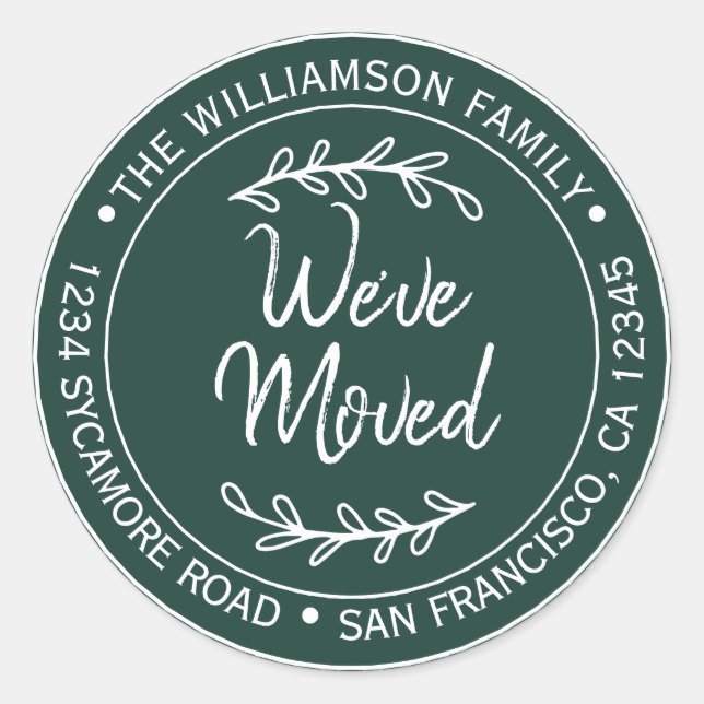 Rustic Dark Green New Address Classic Round Sticker (Front)