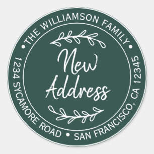 Rustic Dark Green New Address Classic Round Sticker