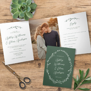Rustic Dark Green Wildflower Boho Photo Wedding Tri-Fold Invitation