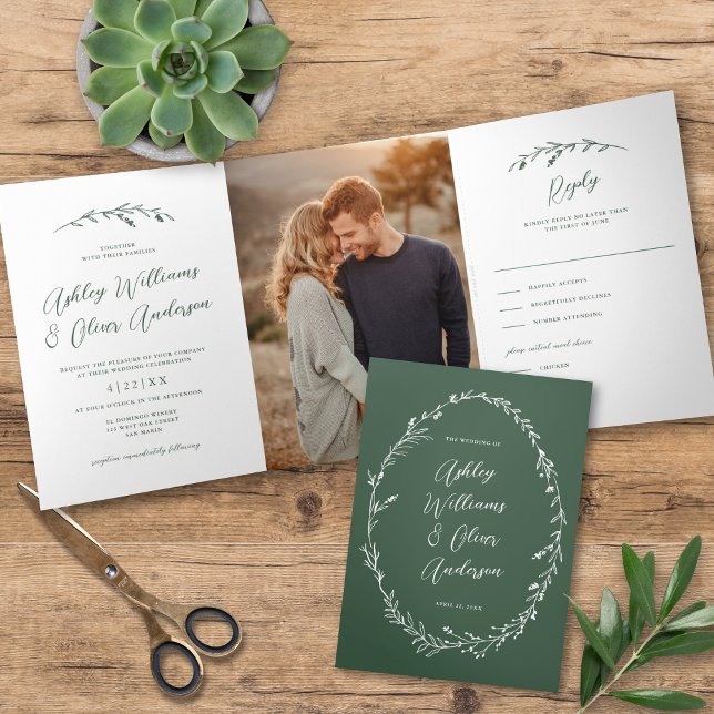 Rustic Dark Green Wildflower Boho Photo Wedding Tri-Fold Invitation (Creator Uploaded)