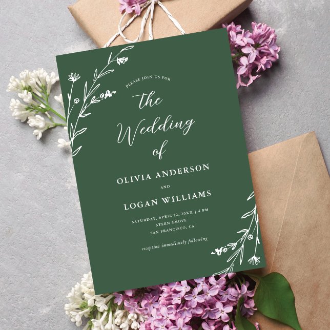 Rustic Dark Green Wildflower Boho Wedding Invitation (Creator Uploaded)