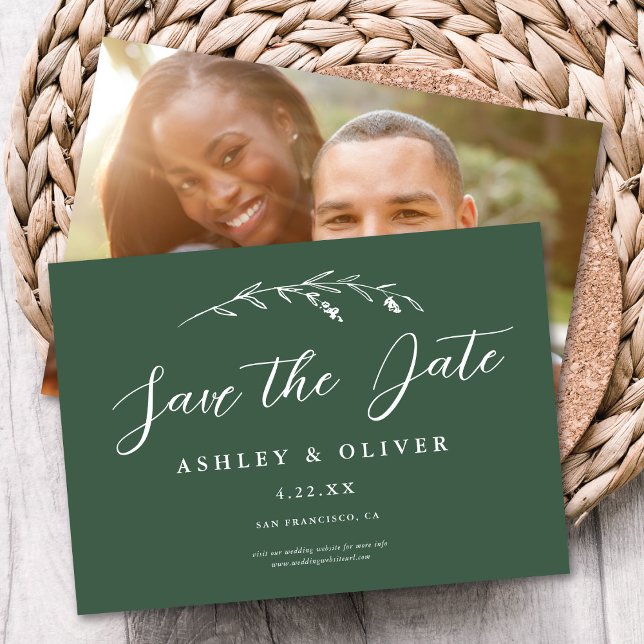 Rustic Dark Green Wildflower + Photo Save The Date Invitation (Creator Uploaded)