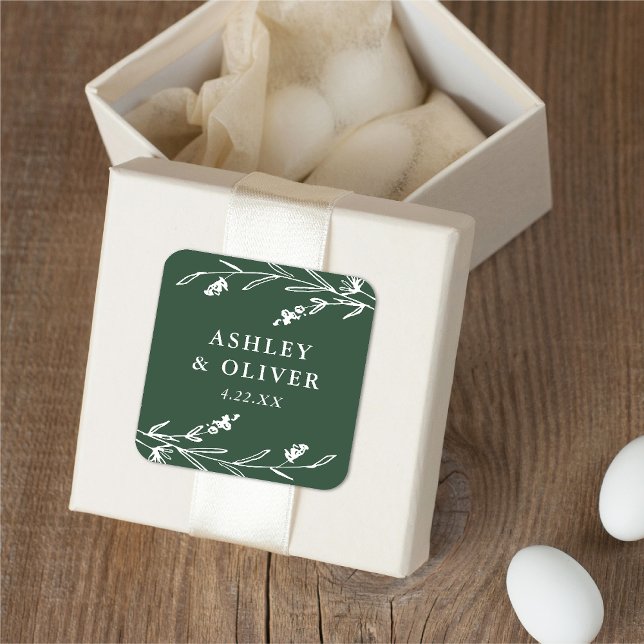 Rustic Dark Green Wildflower Wedding Favour Square Sticker (Creator Uploaded)