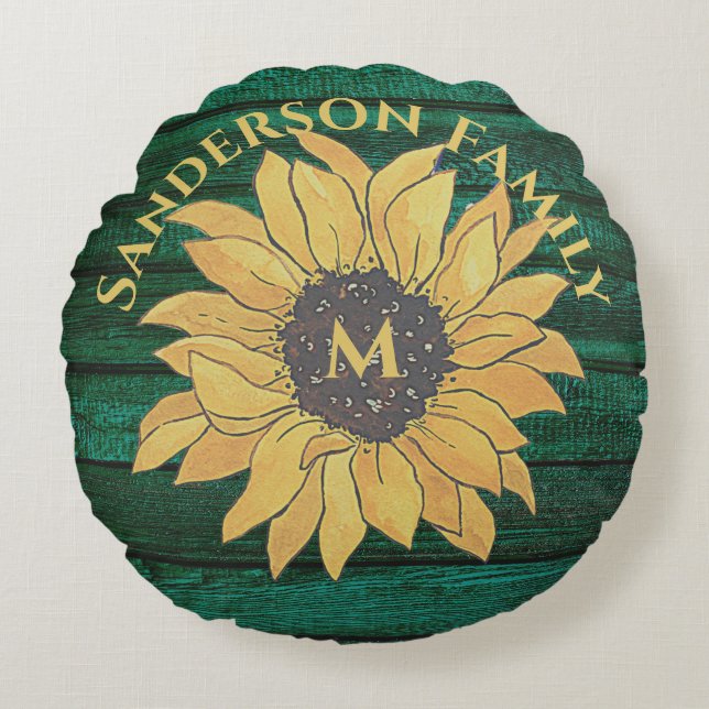  Rustic Dark Green Wood Sunflower  Yellow  Round Cushion (Front)