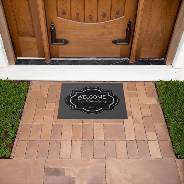 Rustic dark grey black welcome family name doormat (Outdoor)