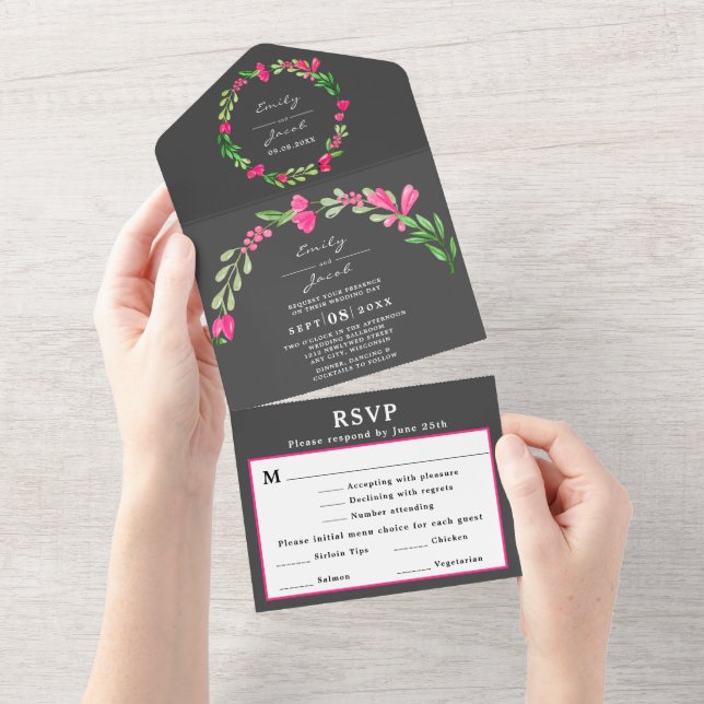 Rustic Dark Grey Pink Floral Country Wedding RSVP All In One Invitation (Tearaway)