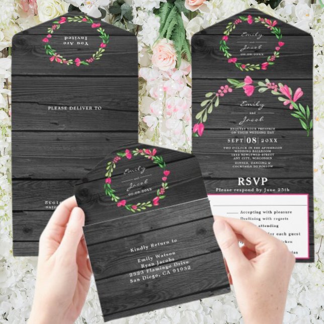 Rustic Dark Grey Wood Pink Floral Country Wed RSVP All In One Invitation (Creator Uploaded)