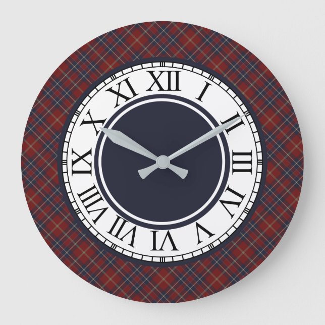 Rustic Dark Red and Navy Blue Plaid Large Clock (Front)