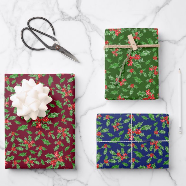 Rustic Dark Red Blue Green Christmas Holly Pattern Wrapping Paper Sheet (Front)