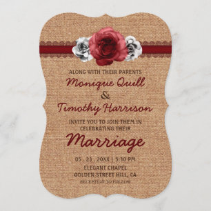 Rustic Dark Red Roses Burlap Sweet Lace Wedding Invitation