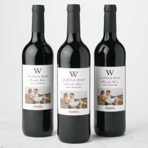 Rustic Dark Red Wedding Monogram Photo Wine Label
