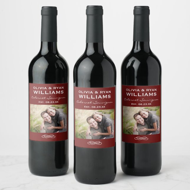 Rustic Dark Red Wedding Photo Monogram Wine Label (Bottles)