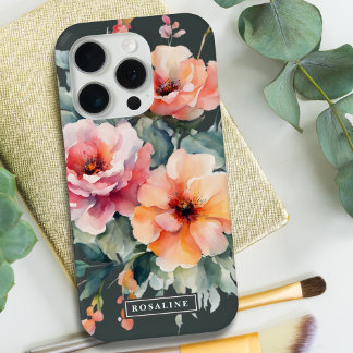 Rustic Dark Sage Green Pink Floral Monogram  iPhone 15 Pro Case