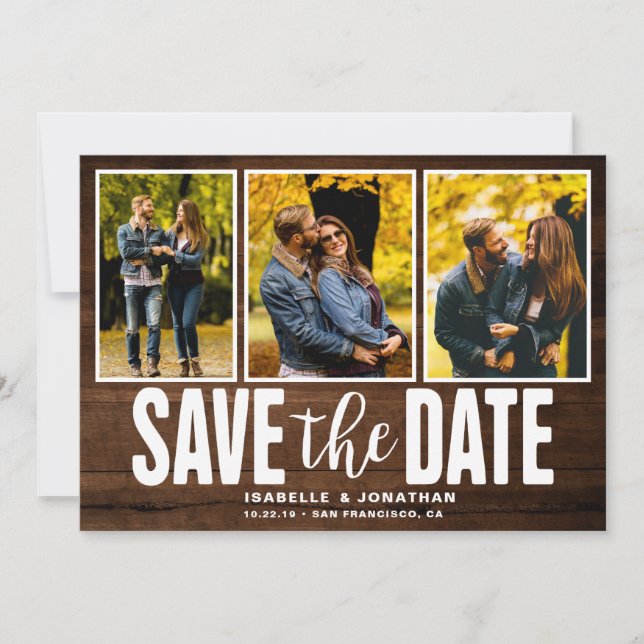 Rustic Dark Wood 3 Photo Collage Save The Date (Front)