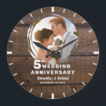 Rustic Dark Wood 5th Wedding Anniversary Photo   Large Clock<br><div class="desc">Mark your 5 anniversary with this timeless rustic dark wood clock,  personalised with your favourite photo. Its weathered wood look adds vintage charm,  perfect for the traditional wood anniversary theme.</div>