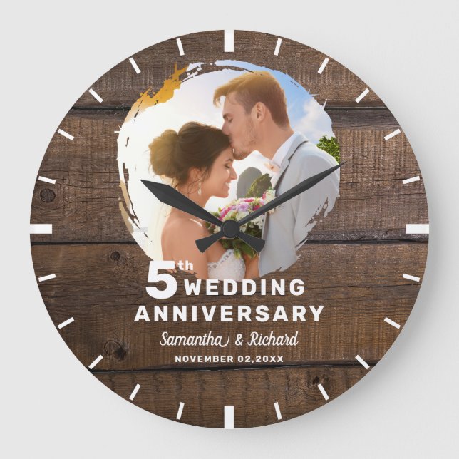Rustic Dark Wood 5th Wedding Anniversary Photo   Large Clock (Front)