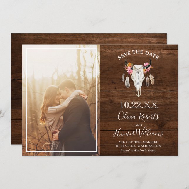 Rustic Dark Wood Antler Photo Save the Date Invitation (Front/Back)