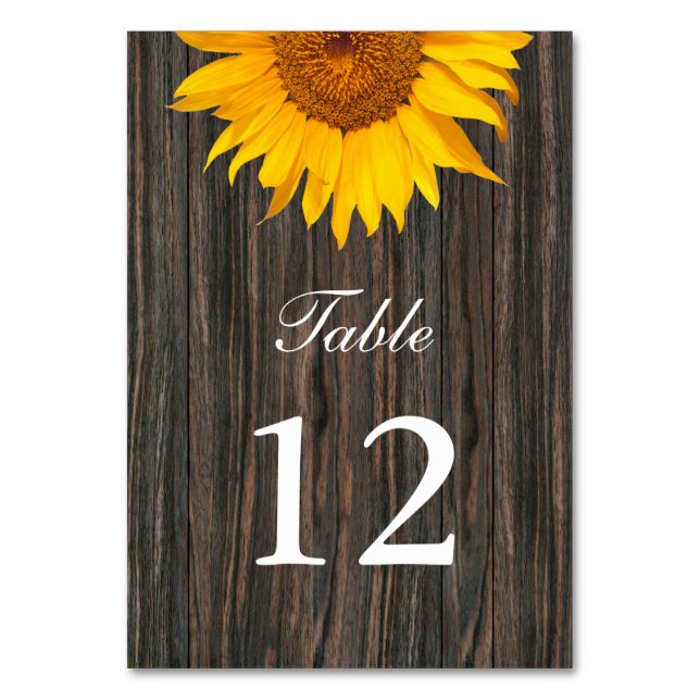 Rustic Dark Wood Background Sunflower Wedding Table Number (Front)