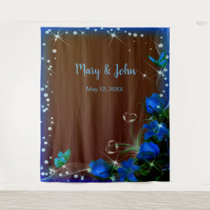 Rustic Dark Wood Blue Floral Wedding Backdrop Tapestry