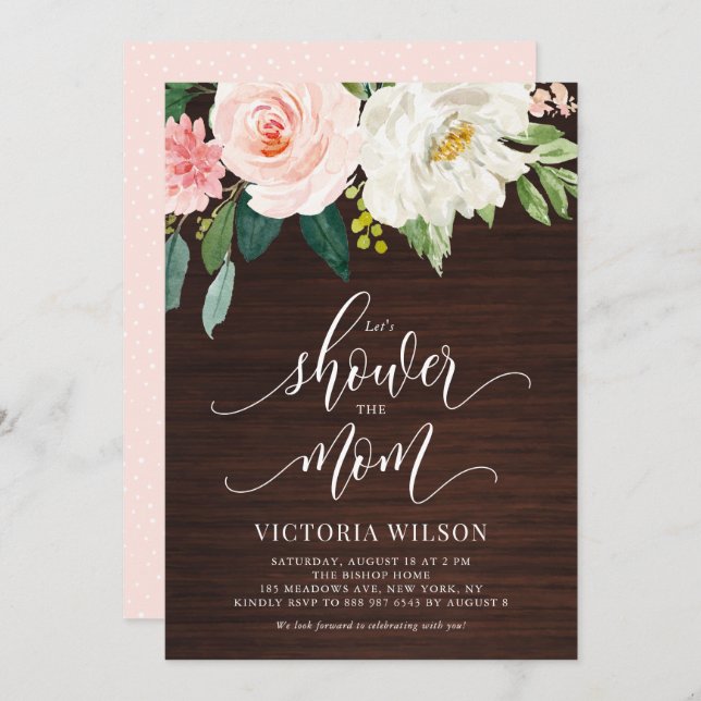 Rustic Dark Wood Blush Floral Fall Baby Shower Invitation (Front/Back)