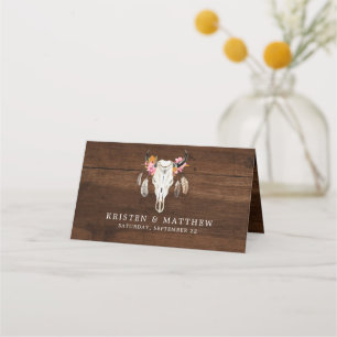 Rustic Dark Wood Boho Antler Wedding Place Card