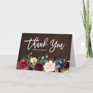 Rustic Dark Wood Burgundy Autumn Flowers Wedding Thank You Card