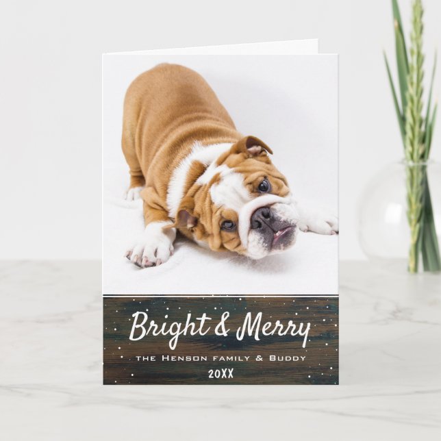 Rustic Dark Wood Christmas Dog Photo Holiday Card (Front)