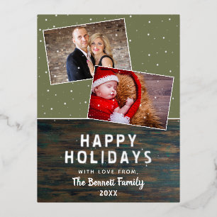 Rustic Dark Wood Family 2 Photos Silver Foil Holiday Postcard