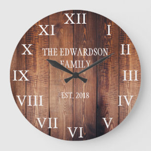 Rustic dark wood family name farmhouse large clock