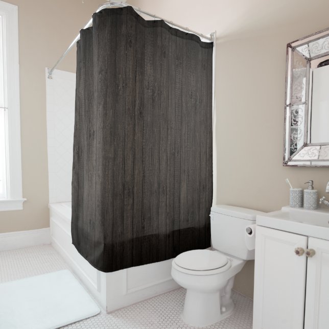 Rustic Dark Wood Floor Thin Board Planks Shower Curtain (In Situ)