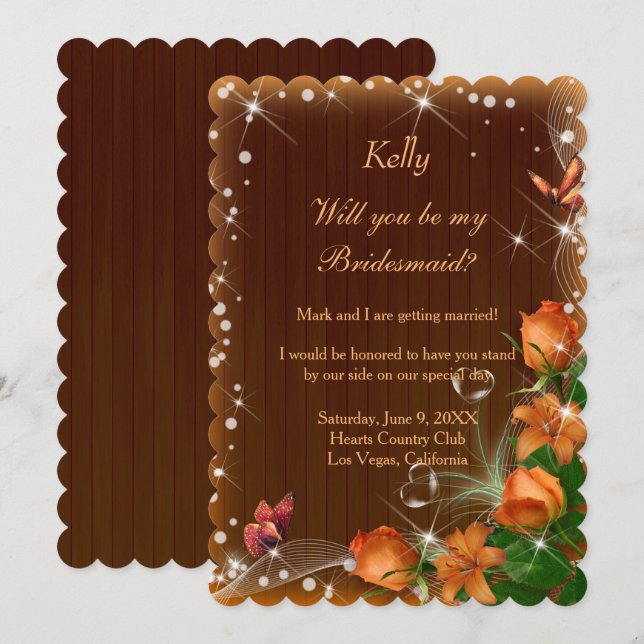 Rustic Dark Wood Floral Butterfly Bridesmaid Invitation (Front/Back)