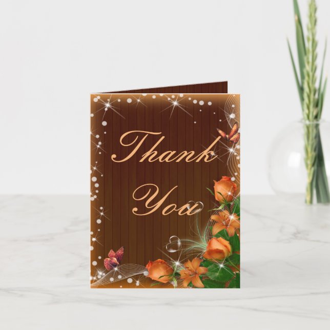 Rustic Dark Wood Floral Butterfly Thank You Card (Front)