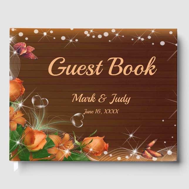 Rustic Dark Wood Floral Butterfly Wedding Guest Book (Front)