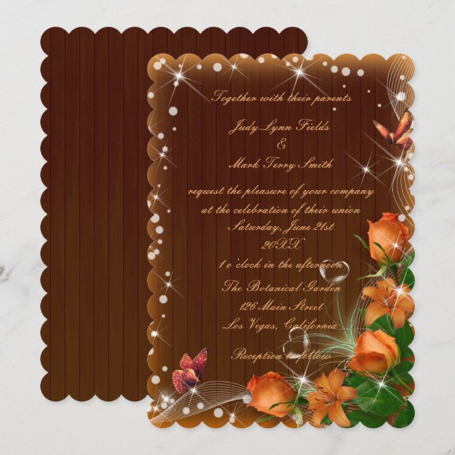Rustic Dark Wood Floral Butterfly Wedding Invitation (Front/Back)