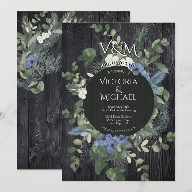 Rustic Dark Wood Floral & Pine Forest Wedding Invitation (Front/Back)