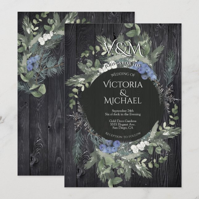 Rustic Dark Wood Floral & Pine  Winter Wedding Invitation (Front/Back)