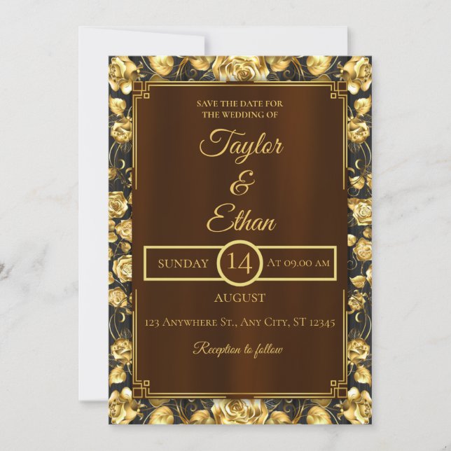Rustic Dark Wood & Gold Floral Wedding Invitation (Front)