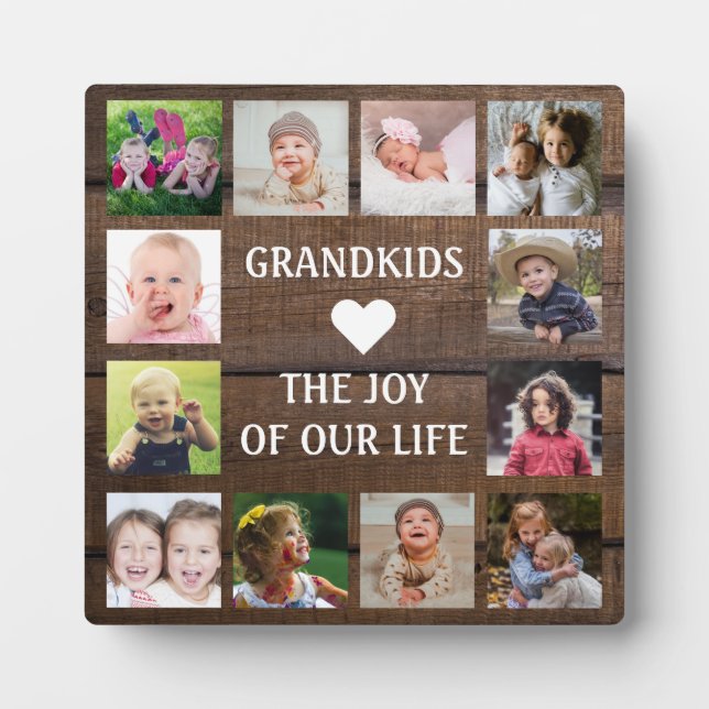 Rustic Dark Wood Grandkids Quote 12 Photo Collage Plaque (Front)