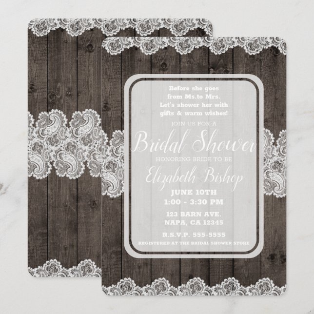 Rustic Dark Wood & Lace Elegant Bridal Shower Invitation (Front/Back)