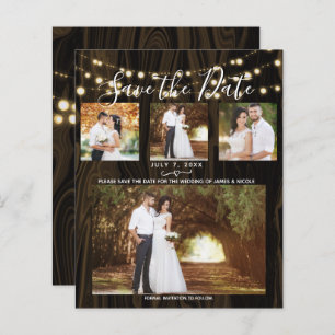 Rustic Dark Wood & Lights 4 Photo Save the Date