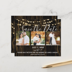 Rustic Dark Wood & Lights Photo Save the Date