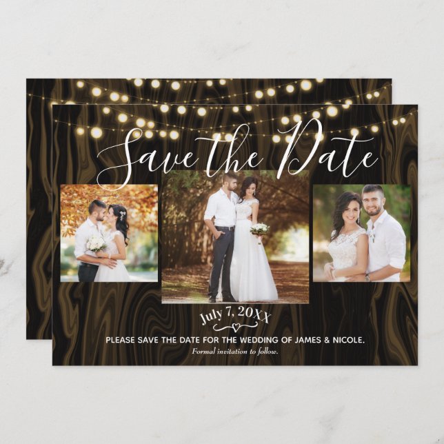 Rustic Dark Wood & Lights Photo Save the Date   Invitation (Front/Back)